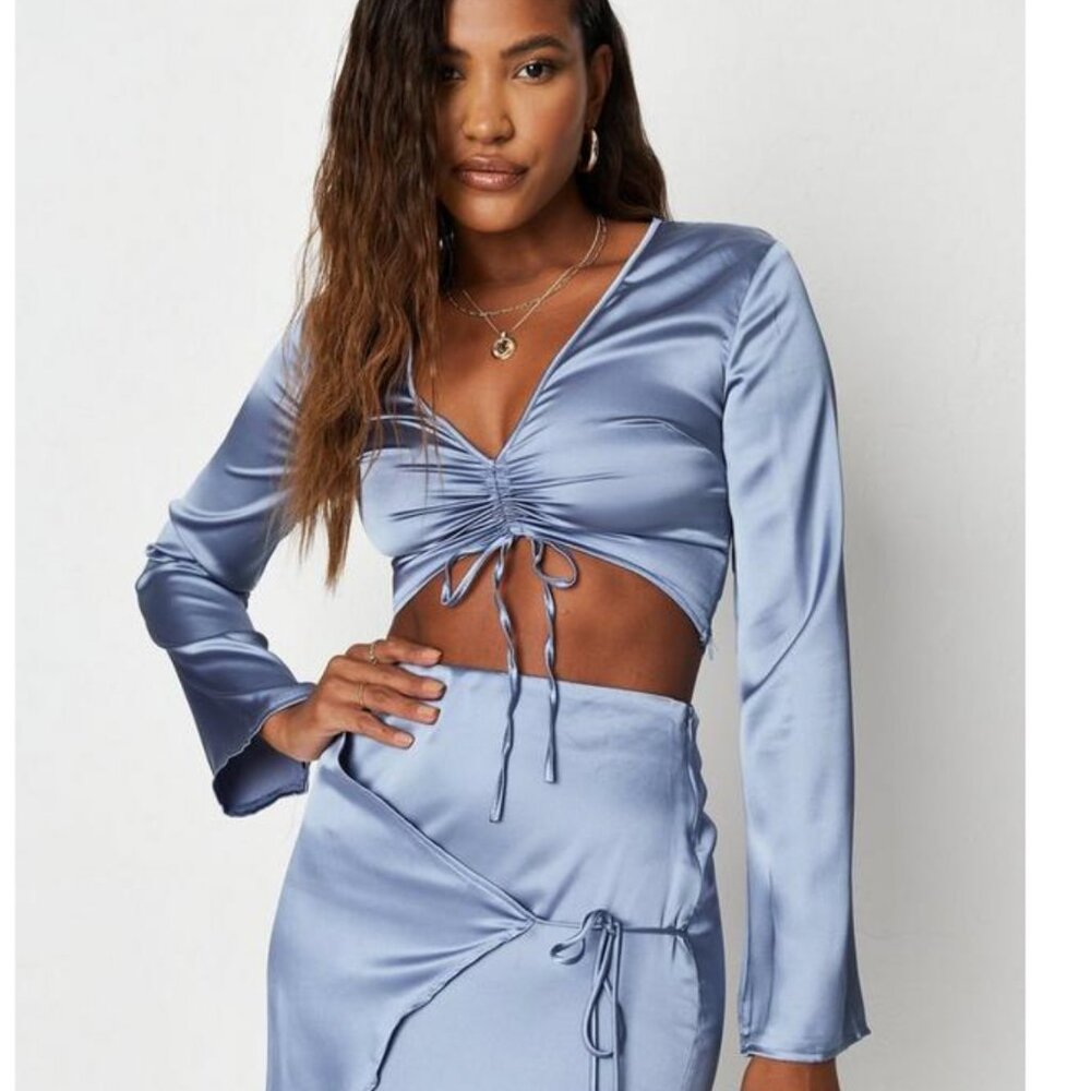 NWT Missguided Blue Co Ord Ruched Front Satin Top